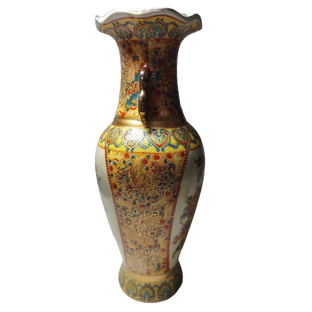 Vintage‎ Japanese Floral Porcelain Vase in Satsuma Style with Detailed Moriage